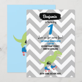 Dinosaur Roller Skating Holding Radio Birthday Kaart