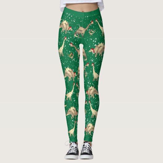 Dinosaur Santa Green Christmas Leggings (Voorkant)