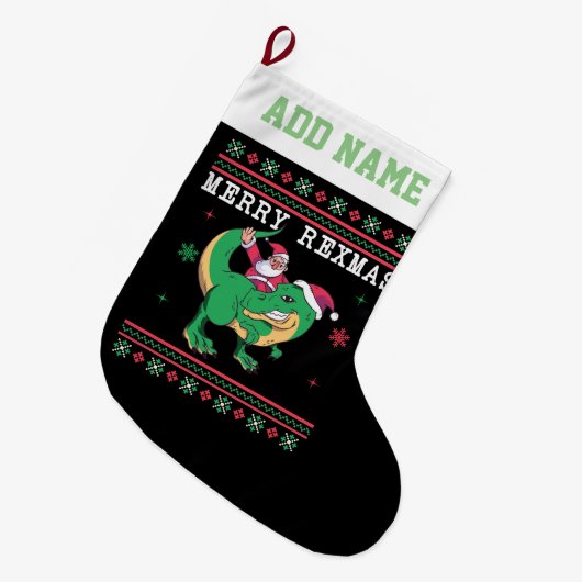 Dinosaur Santa T-Rex Ugly KerstSweater Grote Kerstsok (Voorkant (Hangend))