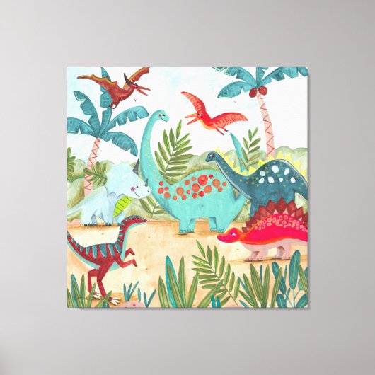 Dinosaur schattig prehistorisch oerwoud kind canvas afdruk (Voorkant)