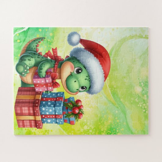 Dinosaur Schattigee Groene Kinderen Kerst Puzzel (Horizontaal)