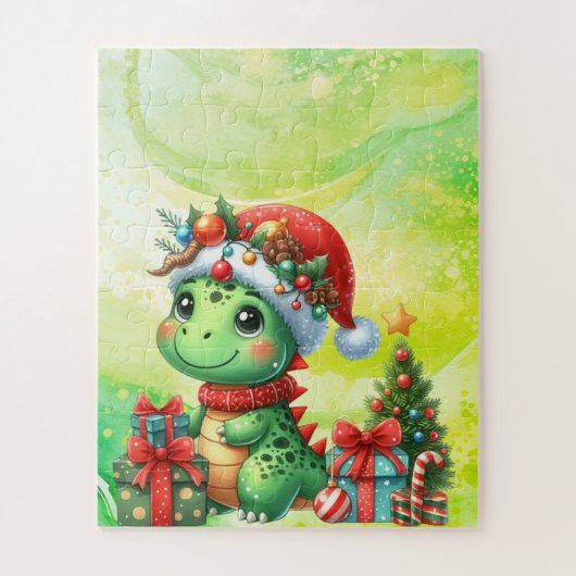 Dinosaur Schattigee Groene Kinderen Kerst Puzzel Legpuzzel (Verticaal)