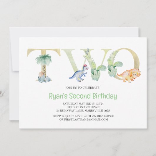 Dinosaur Second Birthday Invitation Kaart (Voorkant)