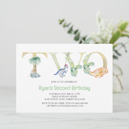 Dinosaur Second Birthday Invitation Kaart (Staand voorkant)