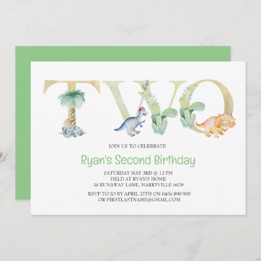 Dinosaur Second Birthday Invitation Kaart (Voorkant / Achterkant)