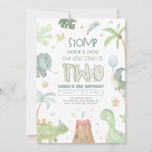 Dinosaur Second Birthday Invitation Kaart (Voorkant)