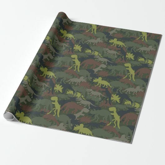 Dinosaur Silhouette Camouflaged Birthday Gift Cadeaupapier (Uitgerold)