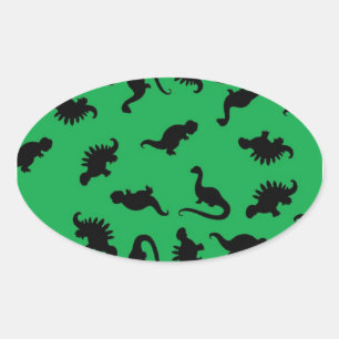 Dinosaur Silhouettes over Groene Achtergrondpatroo Ovale Sticker