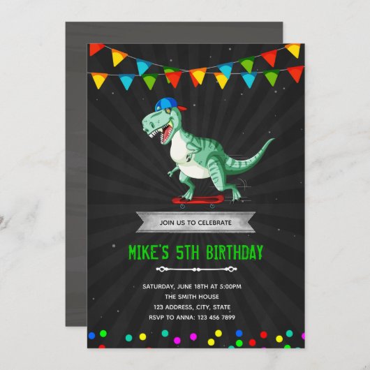 Dinosaur skateboard verjaardagsfeestje kaart (Voorkant / Achterkant)