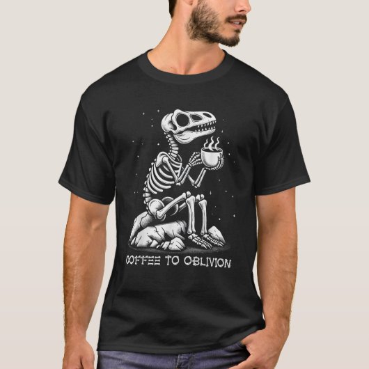 Dinosaur Skeleton Coffee naar Oblivion Dark Apocal T-shirt (Voorkant)
