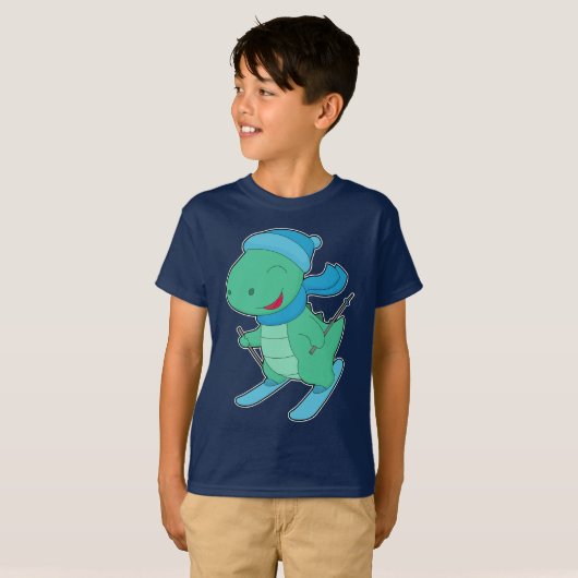 Dinosaur Skier Wintersport T-shirt (Voorkant volledig)