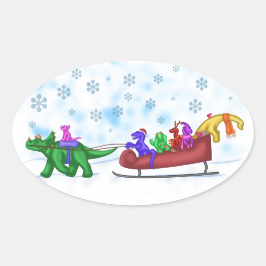 Dinosaur Sleigh Ride Ovale Sticker (Voorkant)
