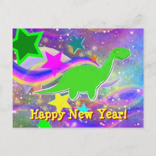 Dinosaur Stars & Swirls Happy New Year Postcard Feestdagenkaart