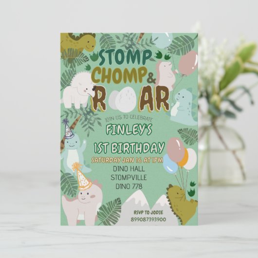 Dinosaur stomp chomp and roar birthday invitation  (Staand voorkant)
