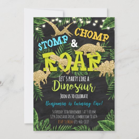 Dinosaur Stomp & Chomp Birthday Uitnodiging (Voorkant)