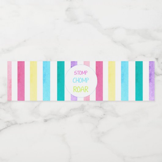 Dinosaur stomp, chomp en brullen met pastelstrepen waterfles etiket (Enkel label)