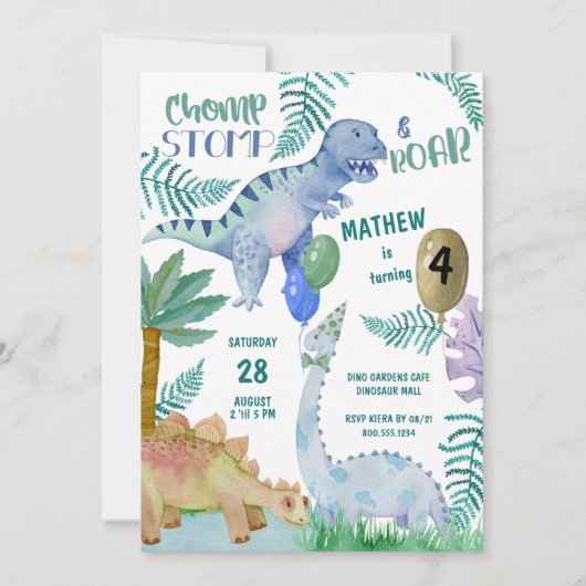 Dinosaur Stomp Chomp en Roar Boy Verjaardag Kaart (Voorkant)