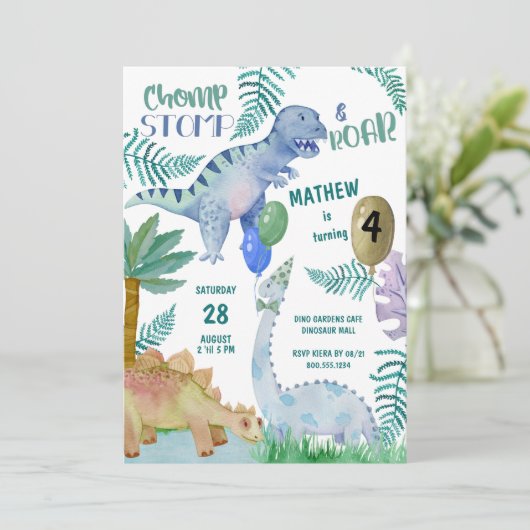Dinosaur Stomp Chomp en Roar Boy Verjaardag Kaart (Staand voorkant)