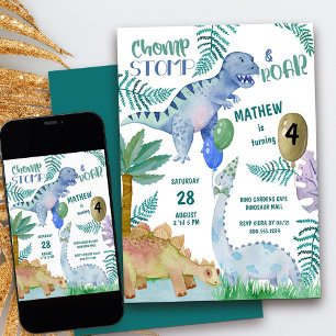 Dinosaur Stomp Chomp en Roar Boy Verjaardag Kaart