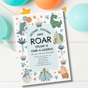 Dinosaur Stomp Chomp en Roar Eerste Verjaardag Kaart