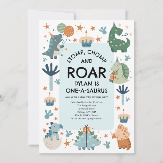 Dinosaur Stomp Chomp en Roar Eerste Verjaardag Kaart (Voorkant)