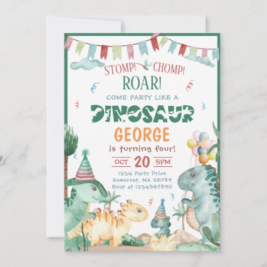 Dinosaur Stomp Chomp en Roar T-Rex verjaardagsfees Kaart (Voorkant)