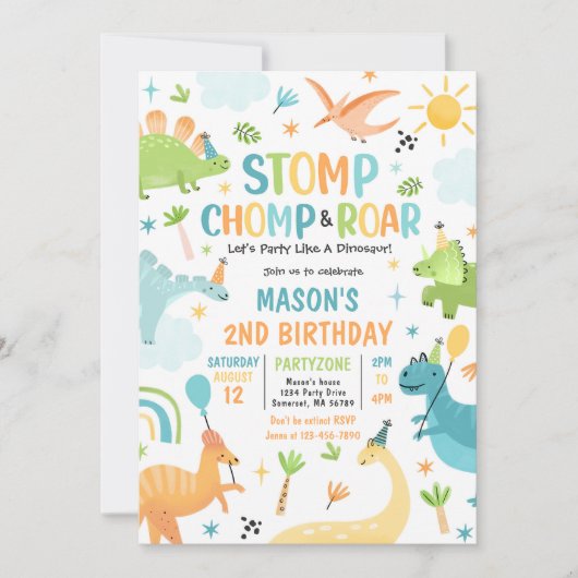 Dinosaur Stomp Chomp en Roar T-Rex verjaardagsfees Kaart (Voorkant)