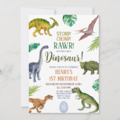 Dinosaur Stomp Chomp Rawr 1st Birthday Boy Party Kaart (Voorkant)