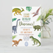 Dinosaur Stomp Chomp Rawr 1st Birthday Boy Party Kaart (Staand voorkant)