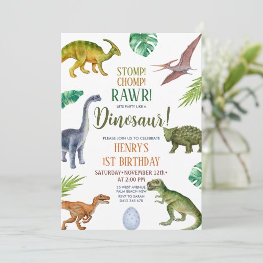 Dinosaur Stomp Chomp Rawr 1st Birthday Boy Party Kaart (Staand voorkant)