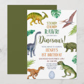 Dinosaur Stomp Chomp Rawr 1st Birthday Boy Party Kaart (Voorkant / Achterkant)