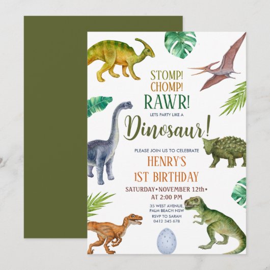 Dinosaur Stomp Chomp Rawr 1st Birthday Boy Party Kaart (Voorkant / Achterkant)