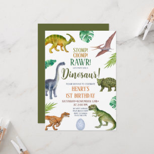 Dinosaur Stomp Chomp Rawr 1st Birthday Boy Party Kaart