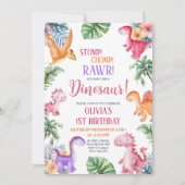 Dinosaur Stomp Chomp Rawr 1st Birthday GIRL Party Kaart (Voorkant)