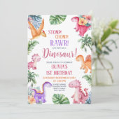 Dinosaur Stomp Chomp Rawr 1st Birthday GIRL Party Kaart (Staand voorkant)