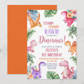 Dinosaur Stomp Chomp Rawr 1st Birthday GIRL Party Kaart (Voorkant / Achterkant)