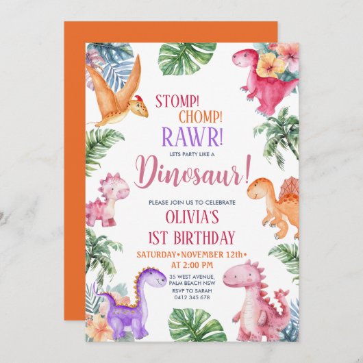 Dinosaur Stomp Chomp Rawr 1st Birthday GIRL Party Kaart (Voorkant / Achterkant)