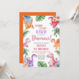 Dinosaur Stomp Chomp Rawr 1st Birthday GIRL Party Kaart