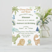 Dinosaur Stomp Chomp Rawr 1st Birthday Party Boy Kaart (Staand voorkant)