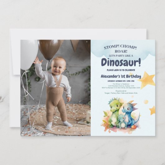 Dinosaur Stomp Chomp Rawr 1st Birthday Party Boy Kaart (Voorkant)