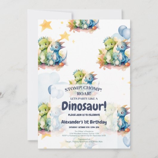 Dinosaur Stomp Chomp Rawr 1st Birthday Party Boy Kaart (Voorkant)