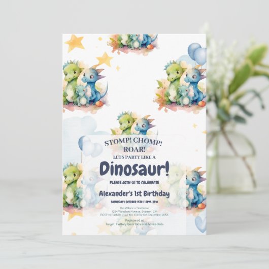 Dinosaur Stomp Chomp Rawr 1st Birthday Party Boy Kaart (Staand voorkant)