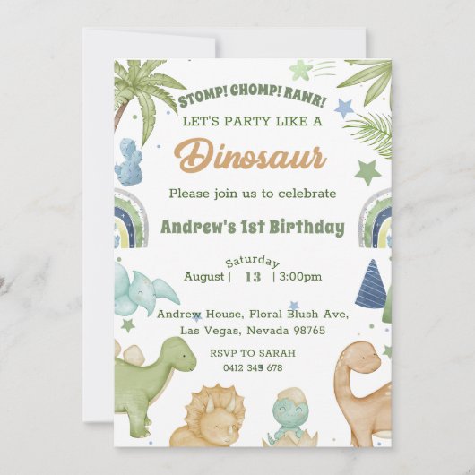 Dinosaur Stomp Chomp Rawr 1st Birthday Party Boy Kaart (Voorkant)