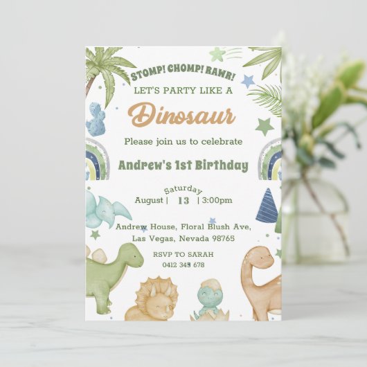 Dinosaur Stomp Chomp Rawr 1st Birthday Party Boy Kaart (Staand voorkant)