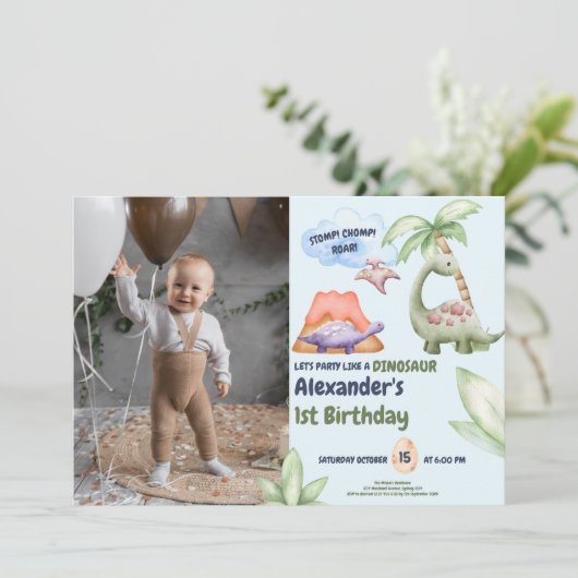 Dinosaur Stomp Chomp Rawr 1st Birthday Party Boy Kaart (Staand voorkant)