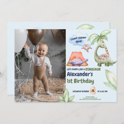 Dinosaur Stomp Chomp Rawr 1st Birthday Party Boy Kaart (Voorkant / Achterkant)
