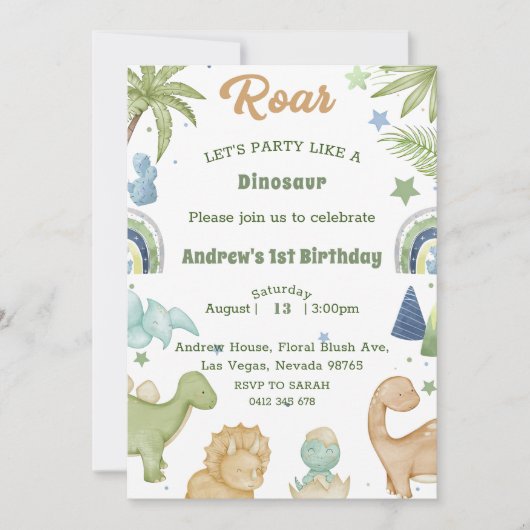 Dinosaur Stomp Chomp Rawr 1st Birthday Party Boy Kaart (Voorkant)