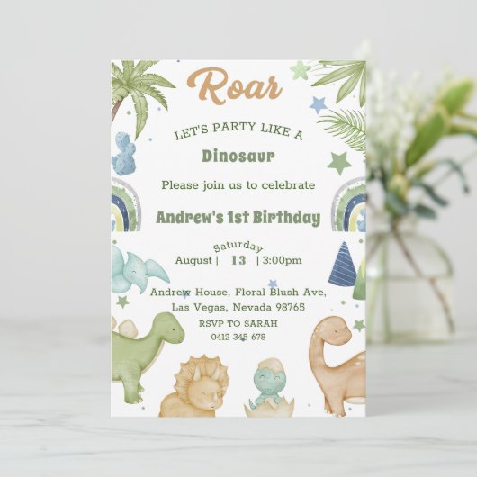 Dinosaur Stomp Chomp Rawr 1st Birthday Party Boy Kaart (Staand voorkant)