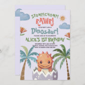 Dinosaur Stomp Chomp Rawr 1st Birthday Party Boy Kaart (Voorkant / Achterkant)