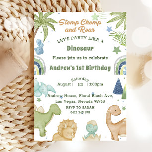 Dinosaur Stomp Chomp Rawr 1st Birthday Party Boy Kaart